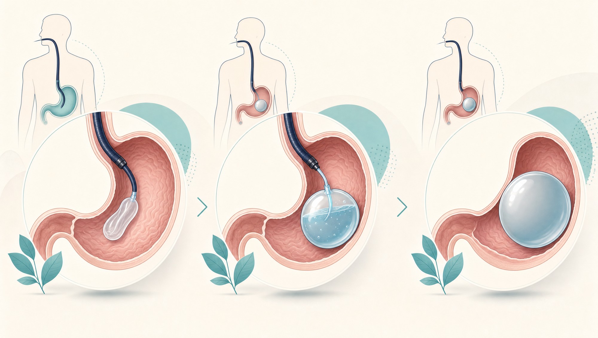 How the intragastric balloon works: placed by gastroscopy, filled with saline, then resting in the stomach