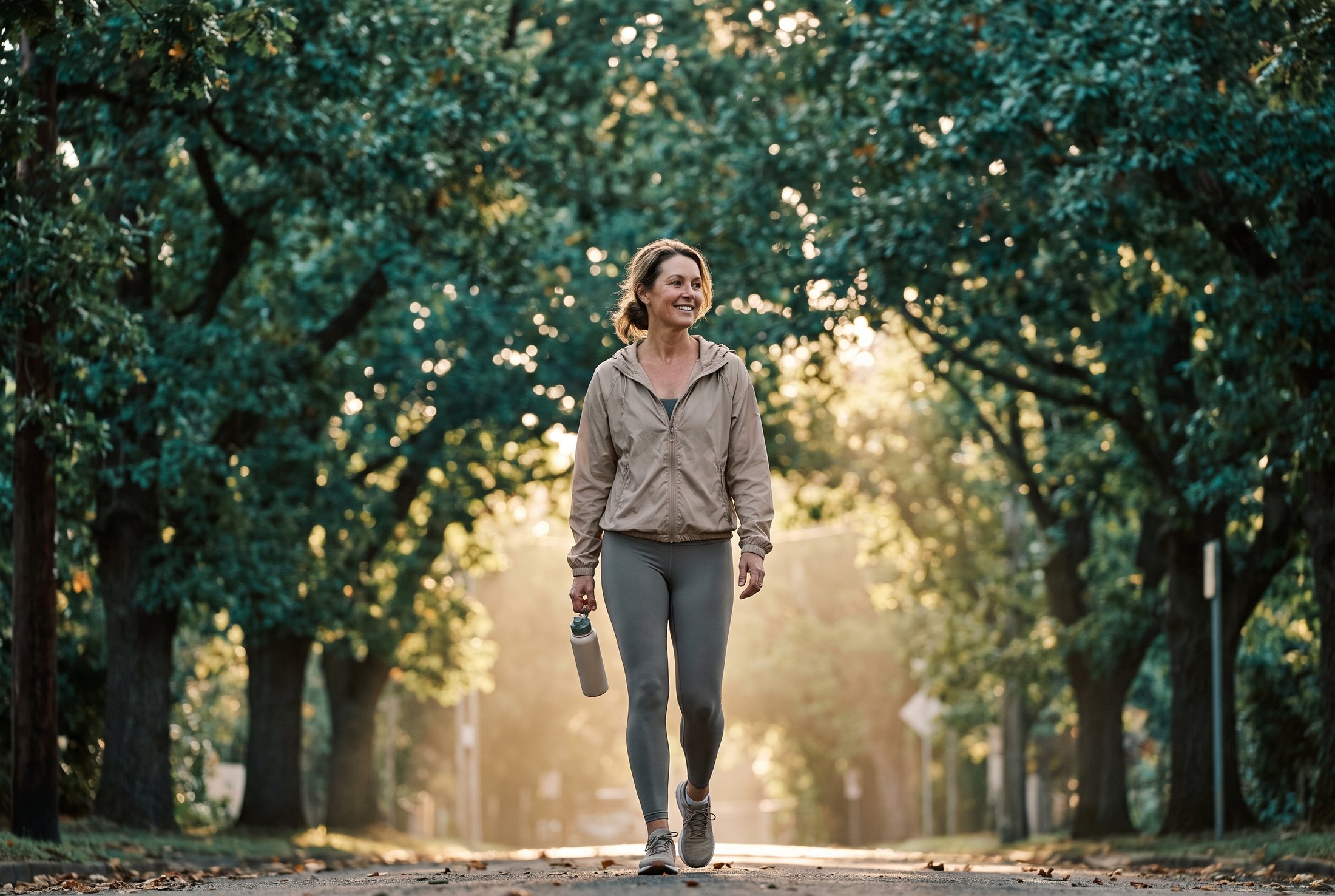 A woman walking through a leafy Melbourne street